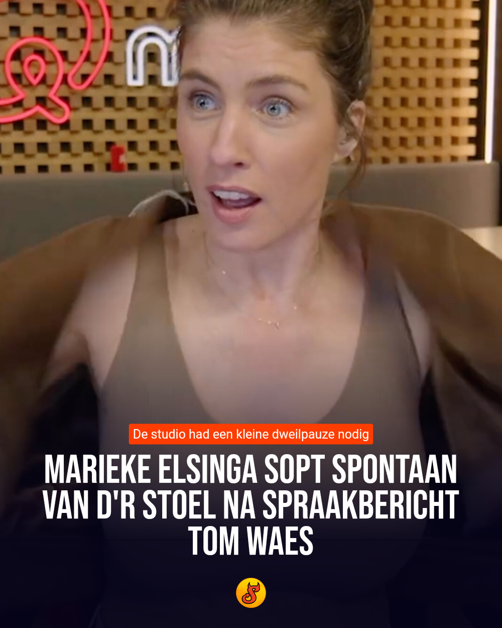 Marieke Elsinga sopt spontaan van d'r stoel na spraakbericht Tom Waes