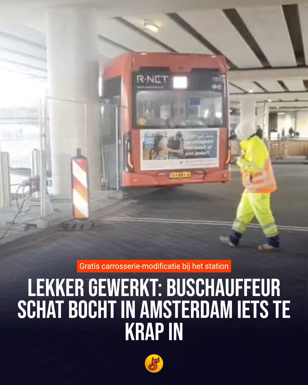 Lekker gewerkt: Buschauffeur schat bocht in Amsterdam iets te krap in