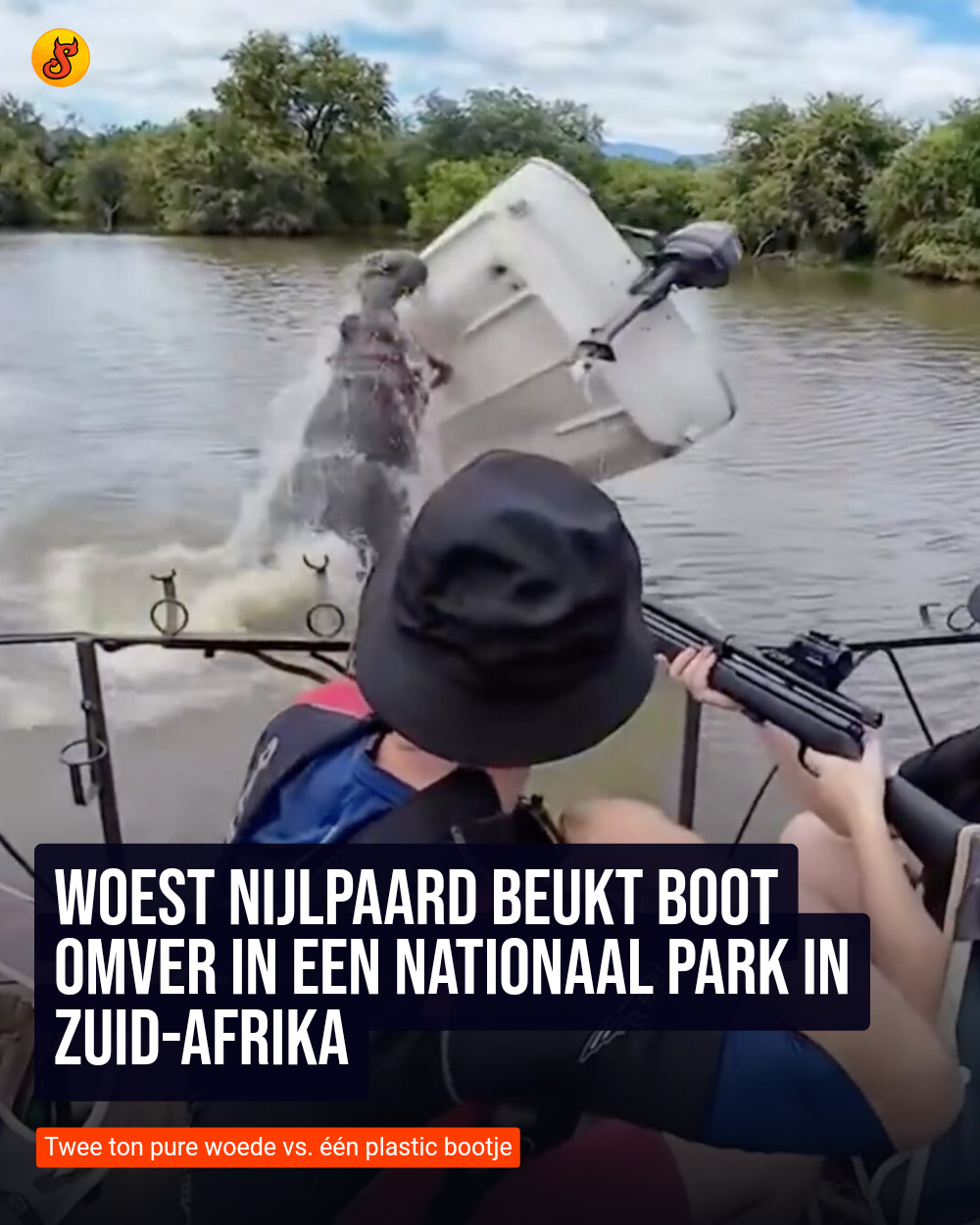 Woest nijlpaard beukt boot omver in een nationaal park in Zuid-Afrika