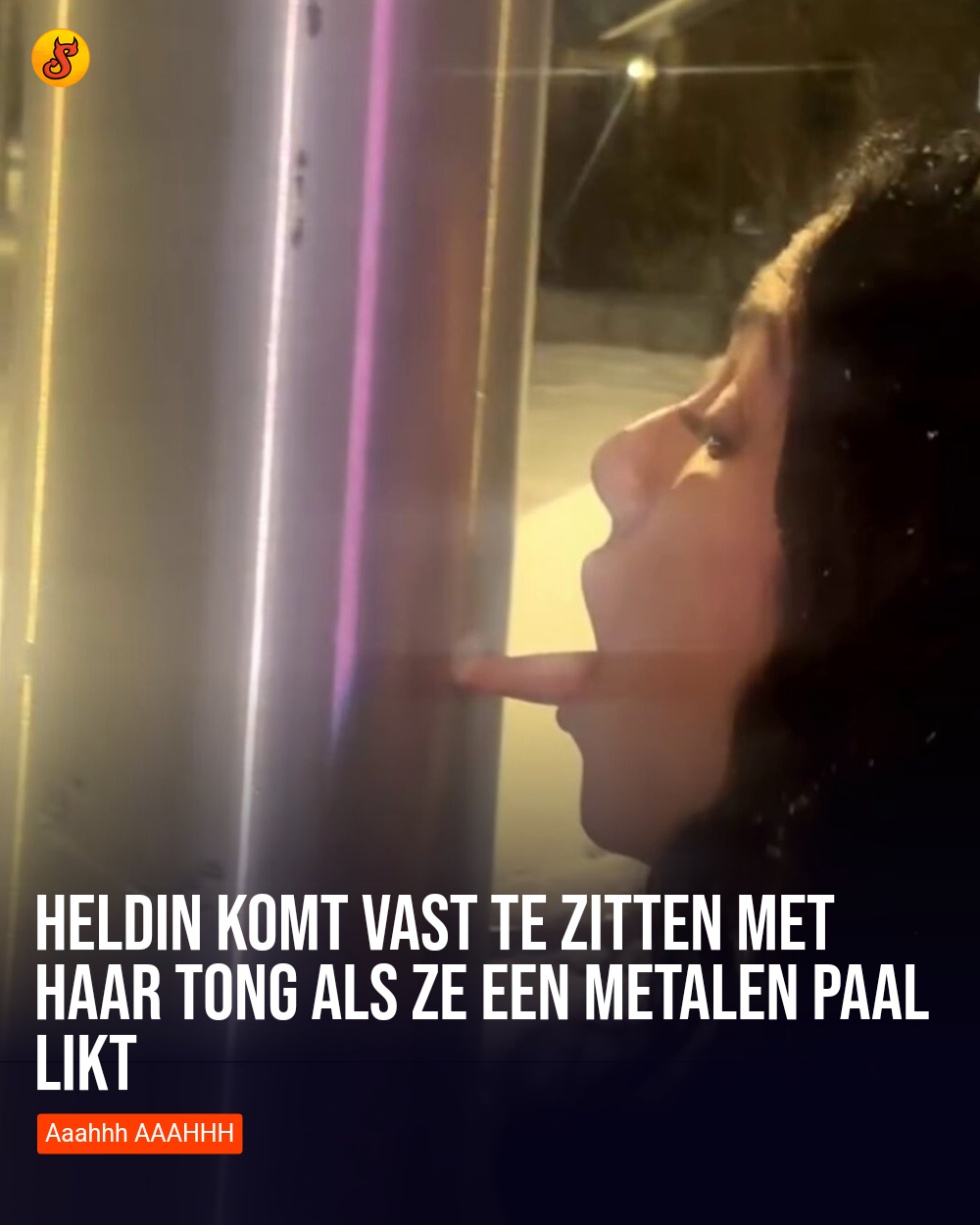 Heldin komt vast te zitten met haar tong als ze een metalen paal likt
