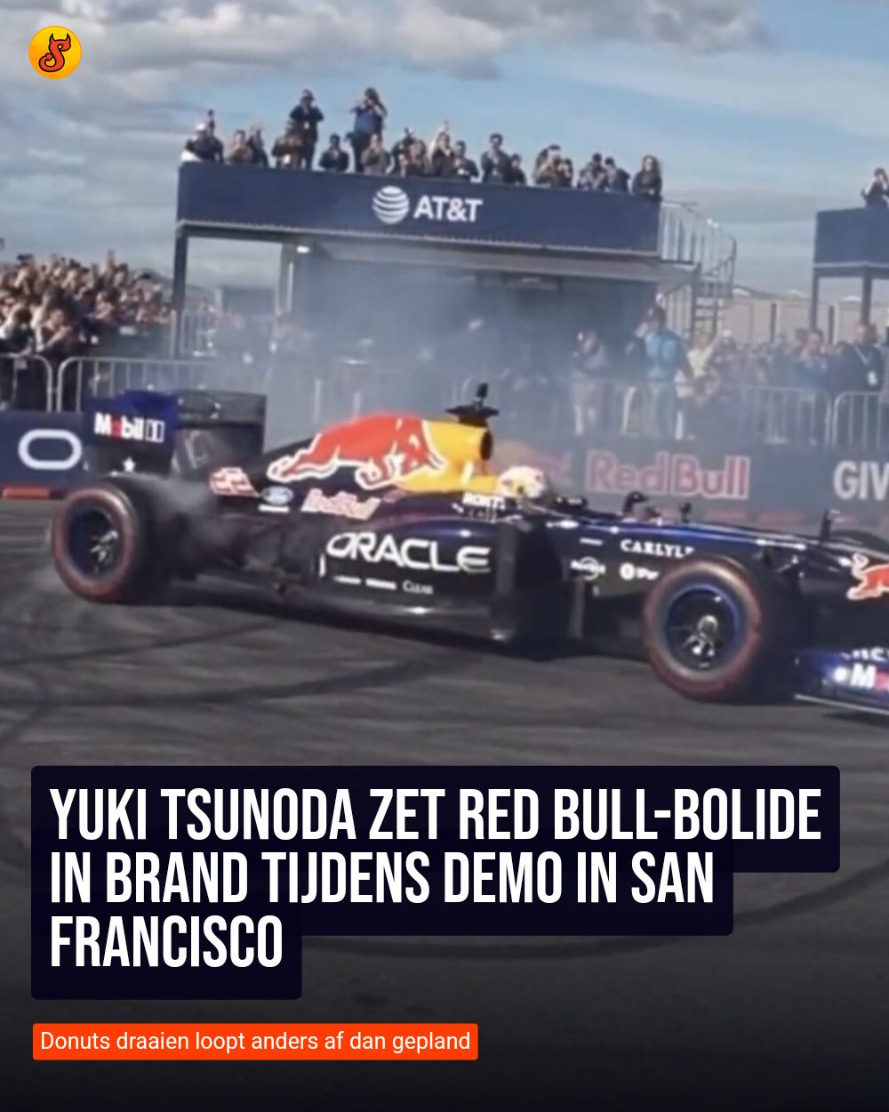 Yuki Tsunoda zet Red Bull-bolide in brand tijdens demo in San Francisco