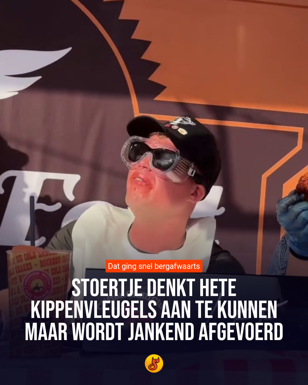 Stoertje denkt hete kippenvleugels aan te kunnen maar wordt jankend afgevoerd