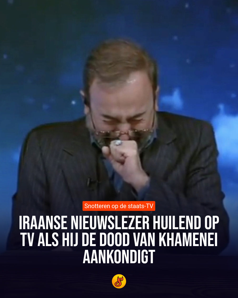 Iraanse nieuwslezer huilend op tv als hij de dood van Khamenei aankondigt