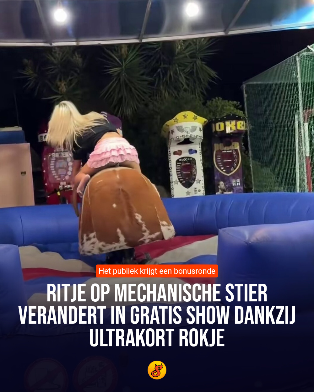 Ritje op mechanische stier verandert in gratis show dankzij ultrakort rokje