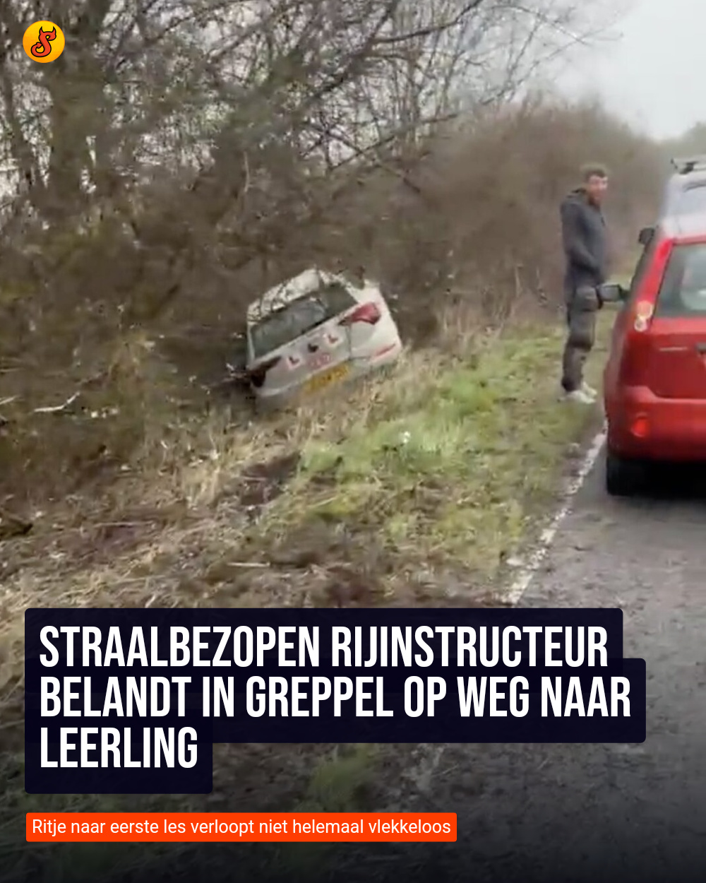 Straalbezopen rijinstructeur belandt in greppel op weg naar leerling