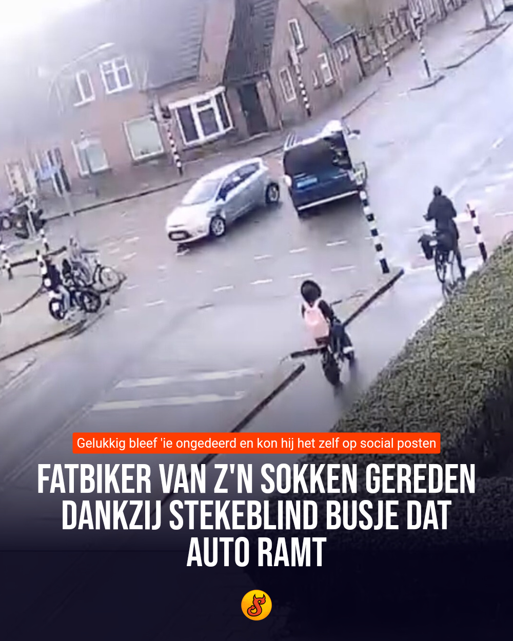 Fatbiker van z'n sokken gereden dankzij stekeblind busje dat auto ramt