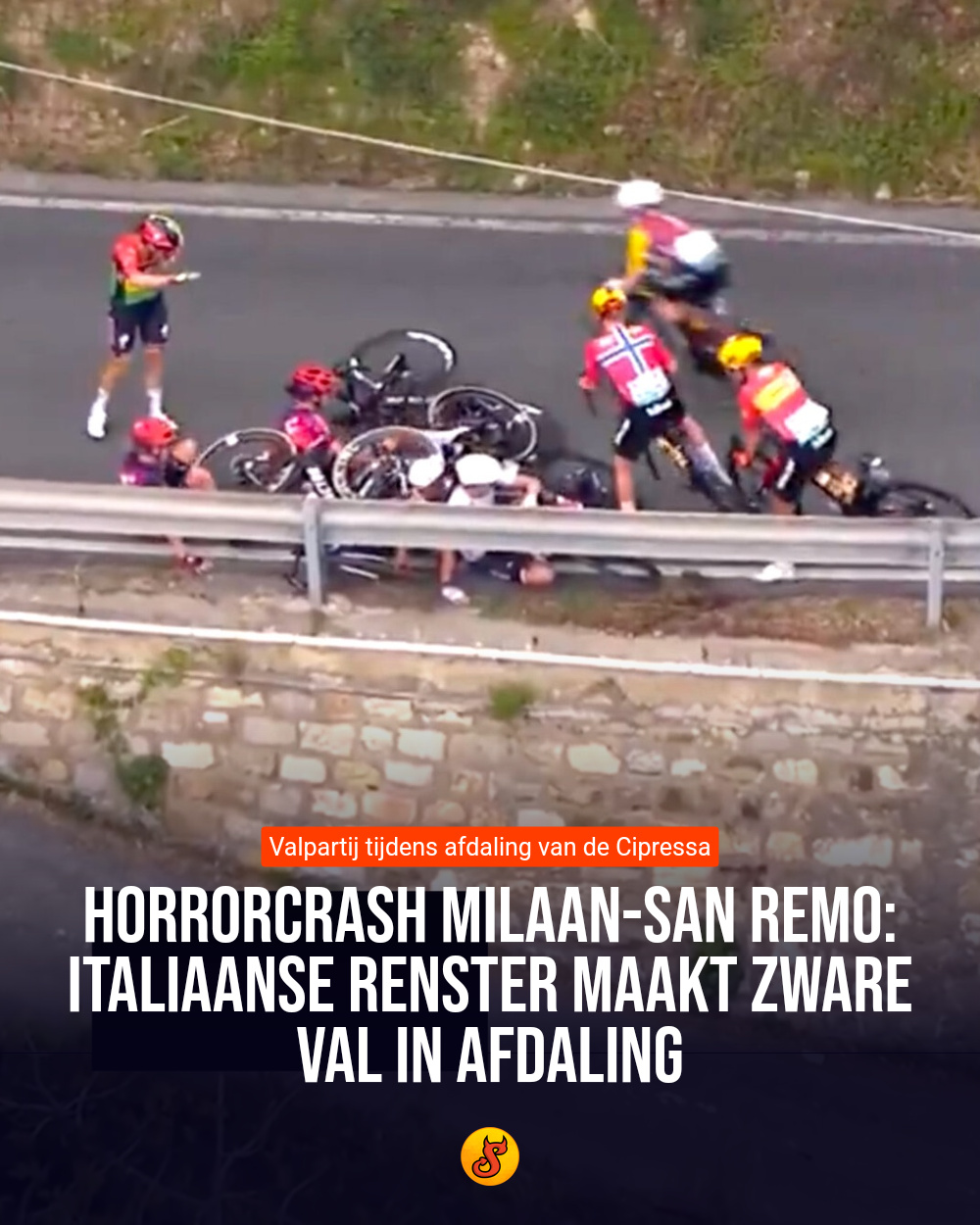 Horrorcrash Milaan-San Remo: Italiaanse renster maakt zware val in afdaling