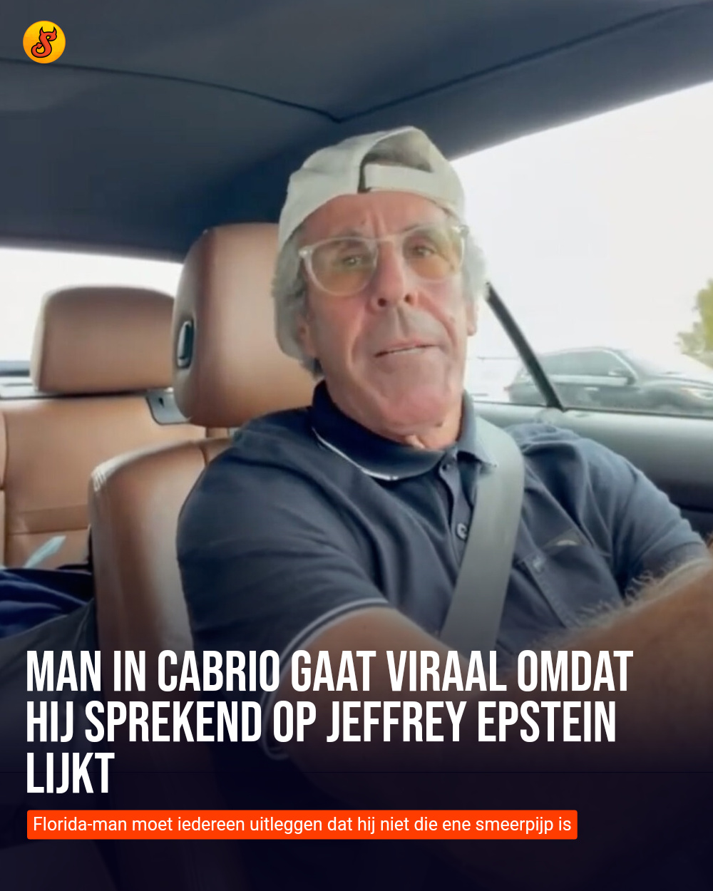 Man in cabrio gaat viraal omdat hij sprekend op Jeffrey Epstein lijkt