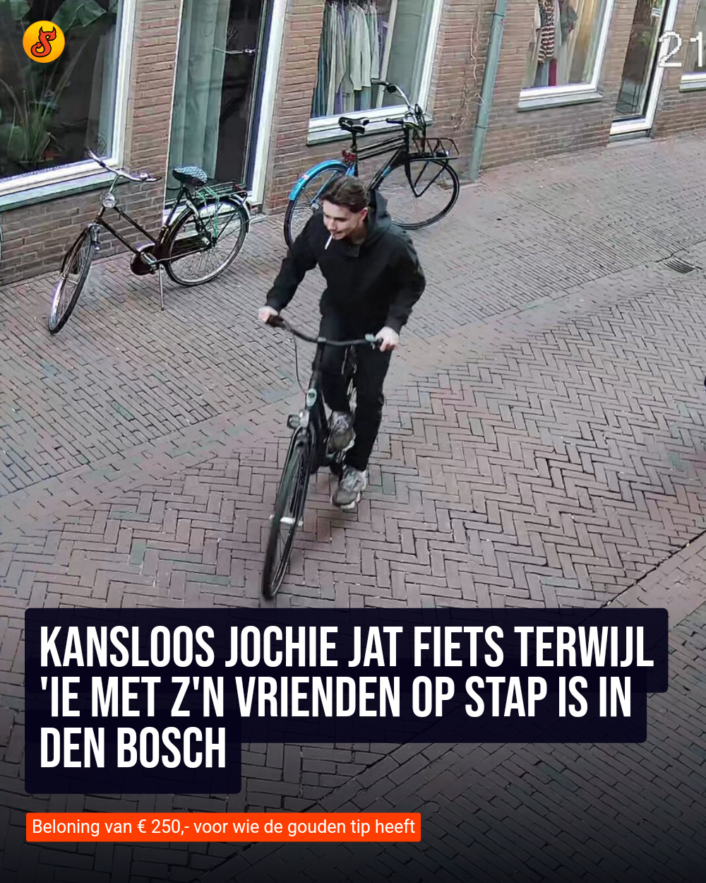 Kansloos jochie jat fiets terwijl 'ie met z'n vrienden op stap is in Den Bosch
