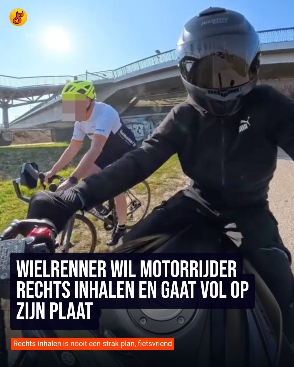 Wielrenner wil motorrijder rechts inhalen en gaat vol op zijn plaat