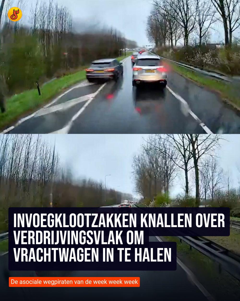 Invoegklootzakken knallen over verdrijvingsvlak om vrachtwagen in te halen