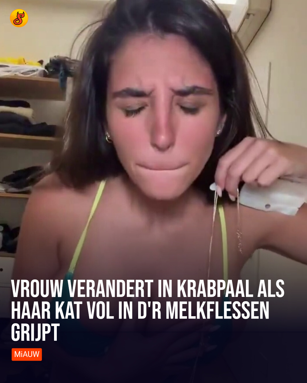 Vrouw verandert in krabpaal als haar kat vol in d'r melkflessen grijpt