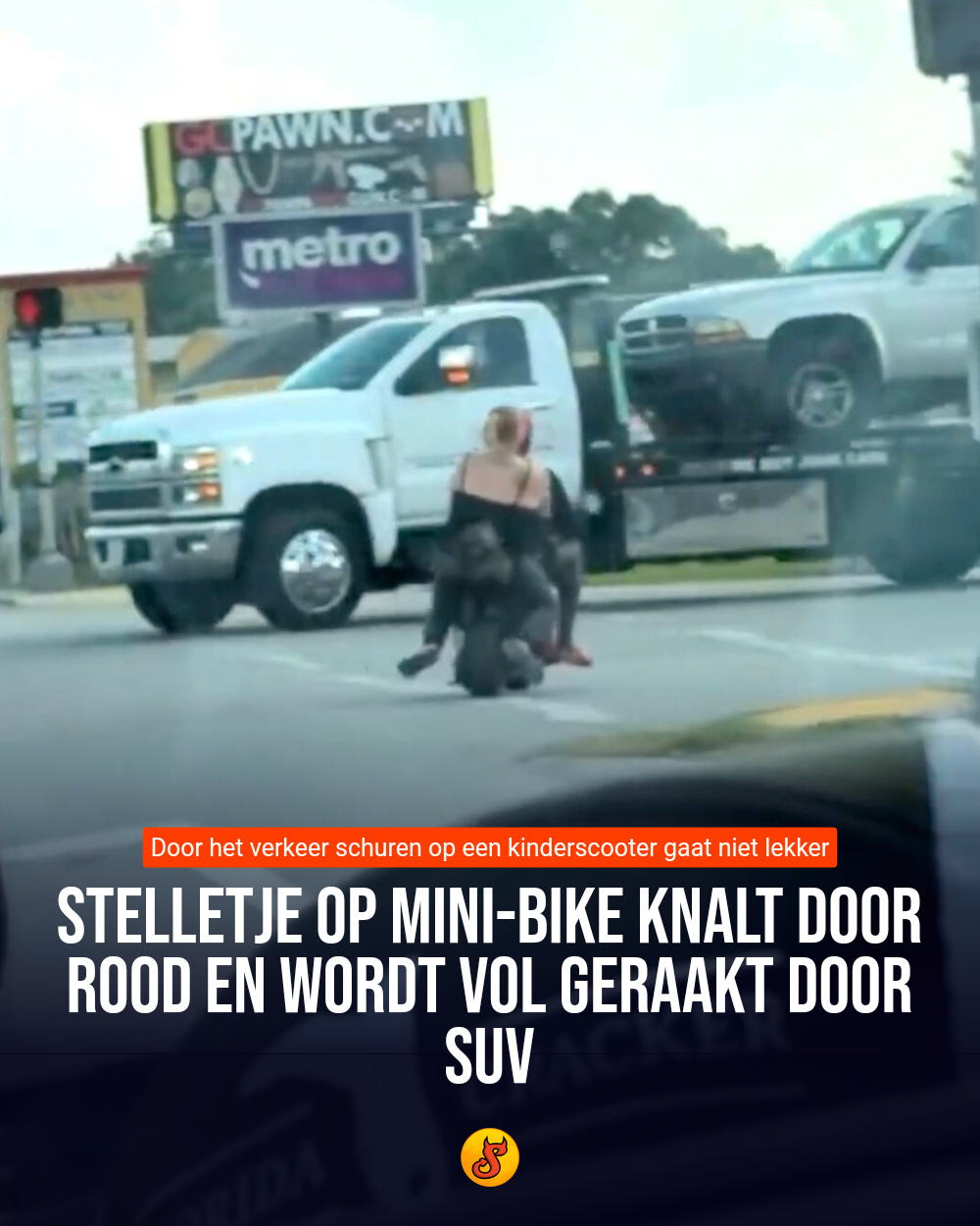 Stelletje op mini-bike knalt door rood en wordt vol geraakt door SUV