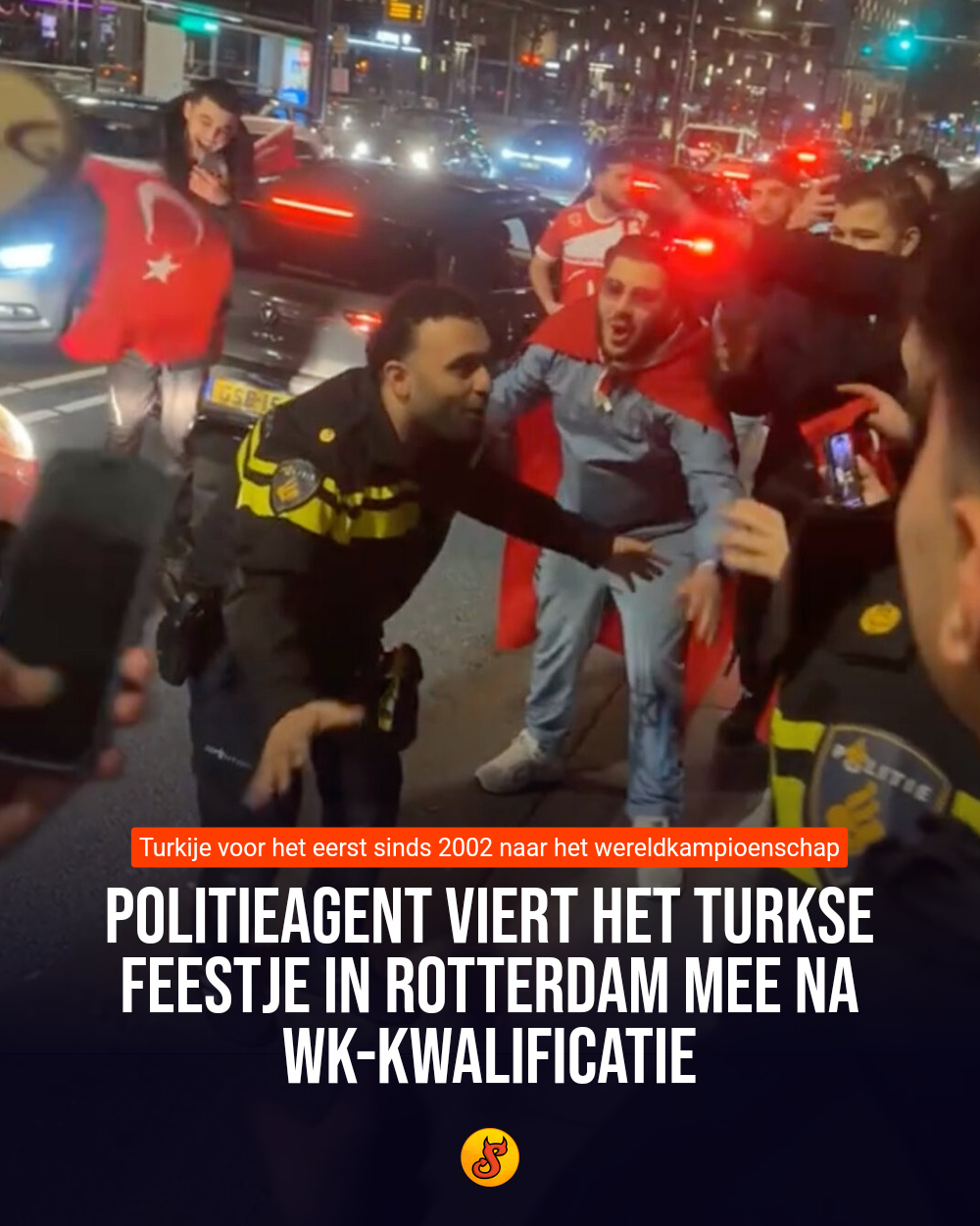 Politieagent viert het Turkse feestje in Rotterdam mee na WK-kwalificatie