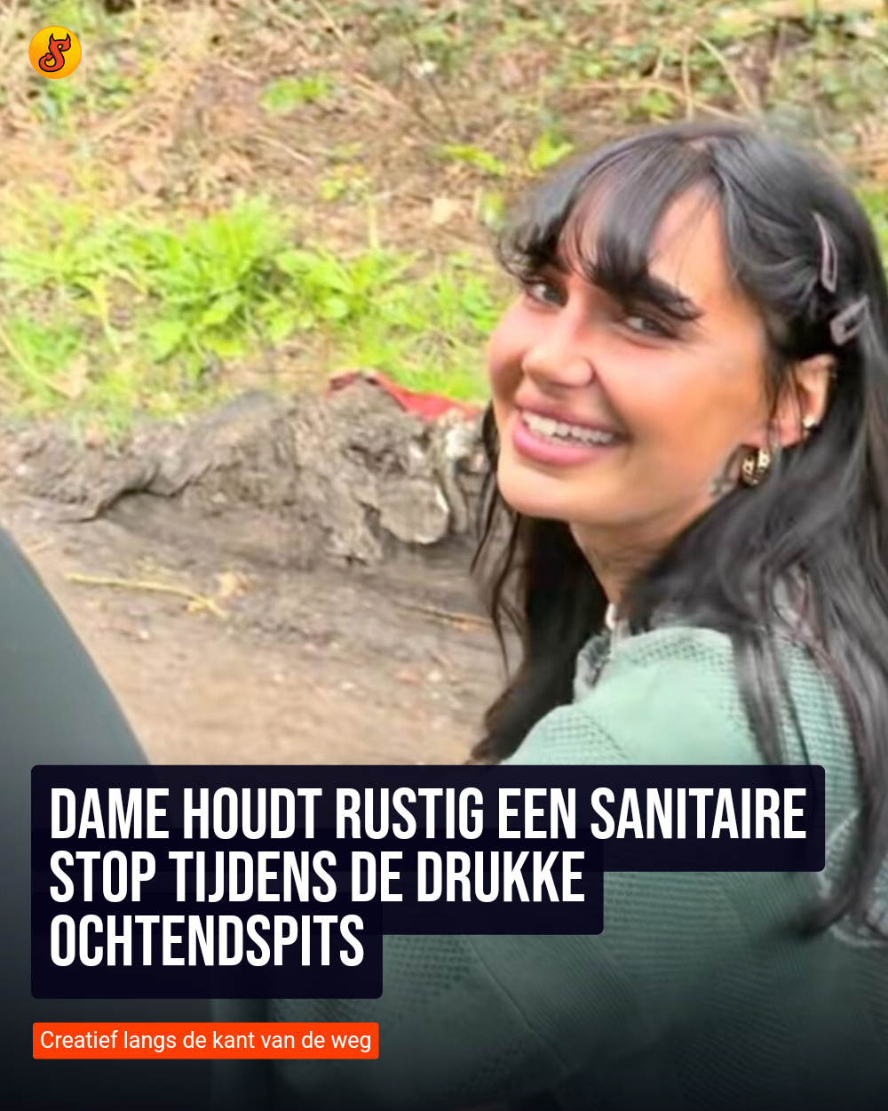 Dame houdt rustig een sanitaire stop tijdens de drukke ochtendspits
