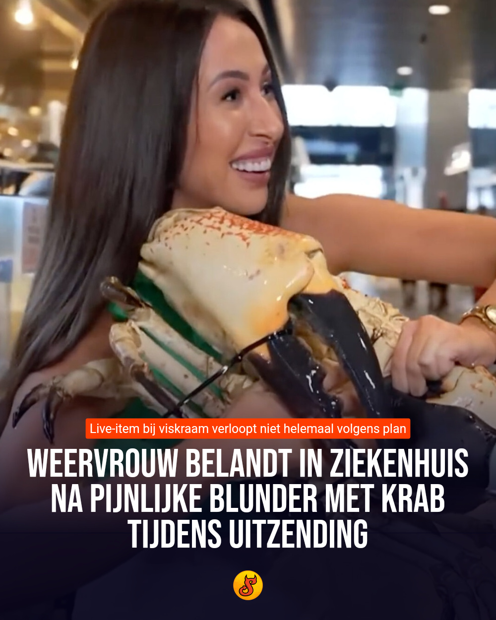 Weervrouw belandt in ziekenhuis na pijnlijke blunder met krab tijdens uitzending