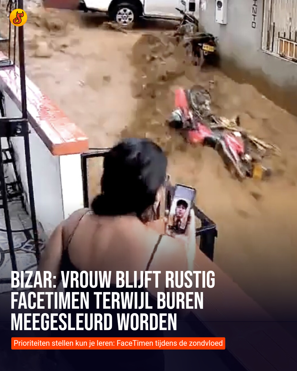 Bizar: Vrouw blijft rustig FaceTimen terwijl buren meegesleurd worden