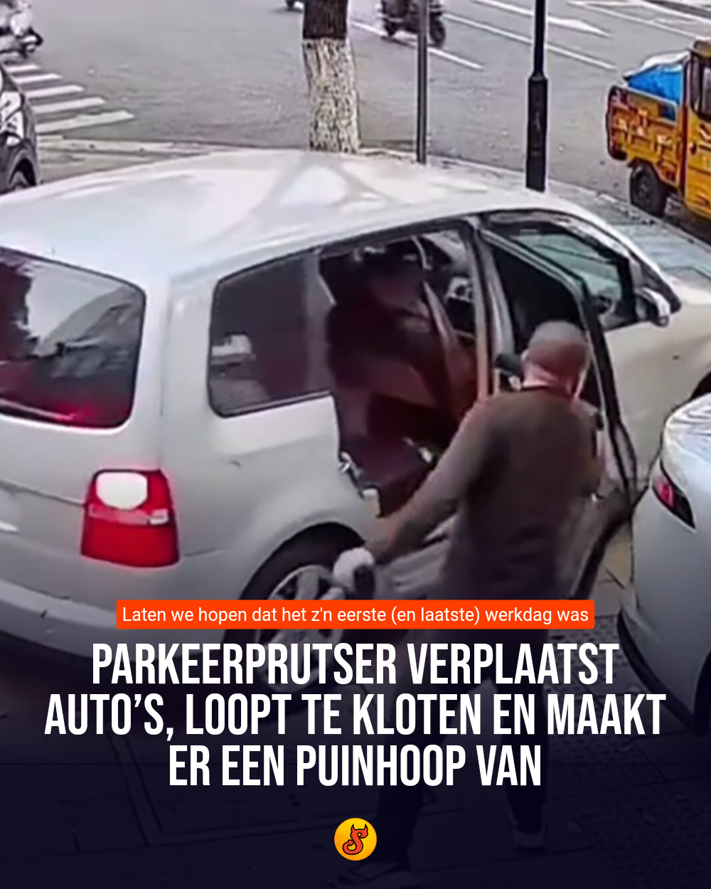 Parkeerprutser verplaatst auto’s, loopt te kloten en maakt er een puinhoop van