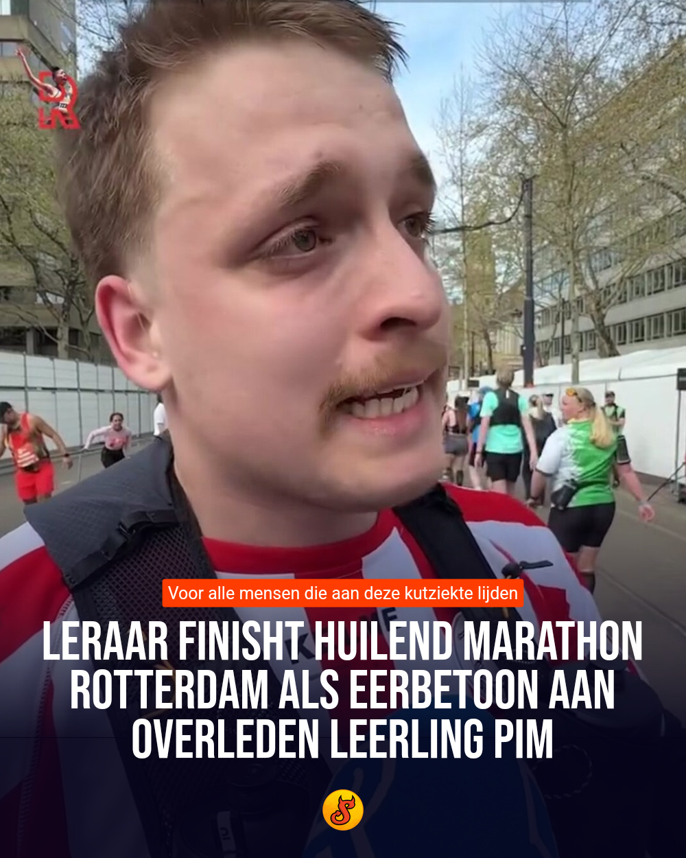 Leraar finisht huilend marathon Rotterdam als eerbetoon aan overleden leerling Pim