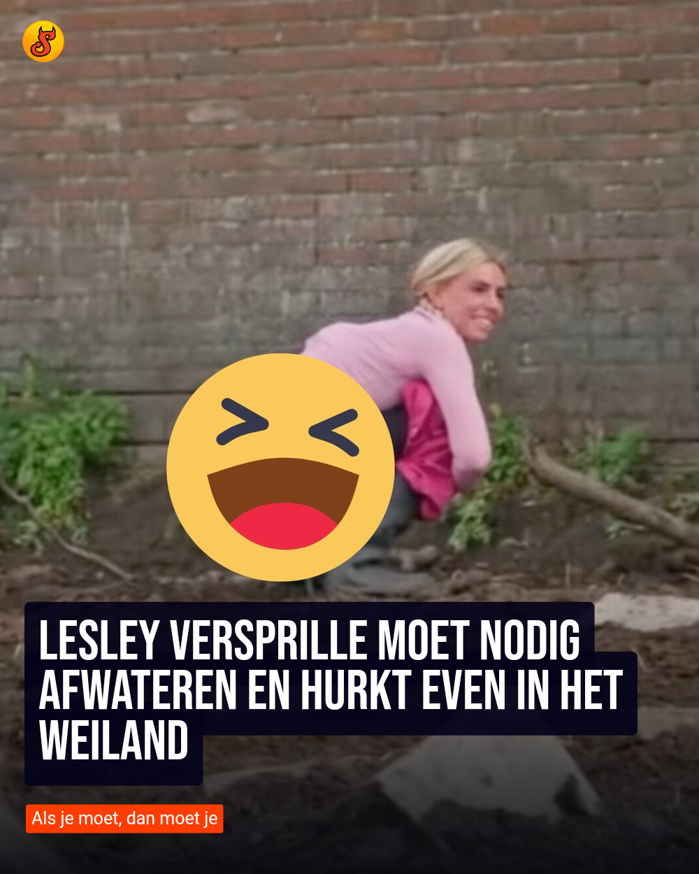 Lesley Versprille moet nodig afwateren en hurkt even in het weiland