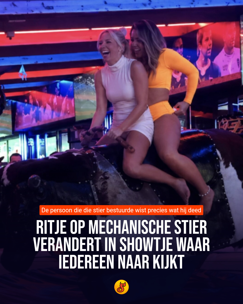 Ritje op mechanische stier verandert in showtje waar iedereen naar kijkt