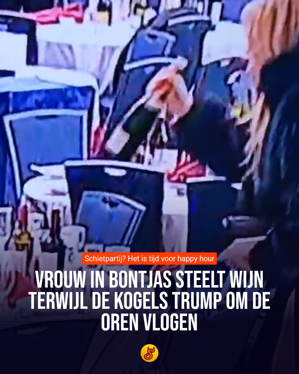Vrouw in bontjas steelt wijn terwijl de kogels Trump om de oren vlogen
