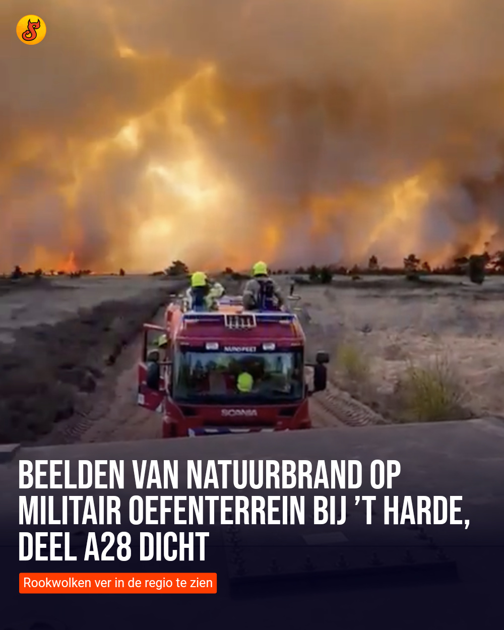 Beelden van natuurbrand op militair oefenterrein bij ’t Harde, deel A28 dicht