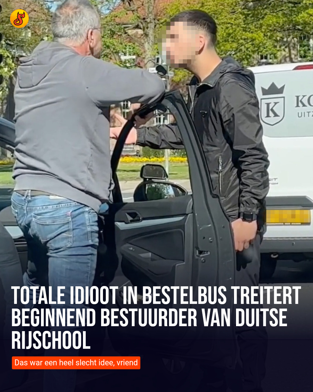 Totale idioot in bestelbus treitert beginnend bestuurder van Duitse rijschool