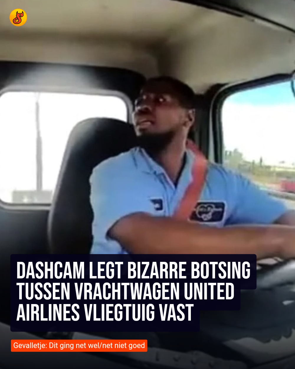 Dashcam legt bizarre botsing tussen vrachtwagen United Airlines vliegtuig vast