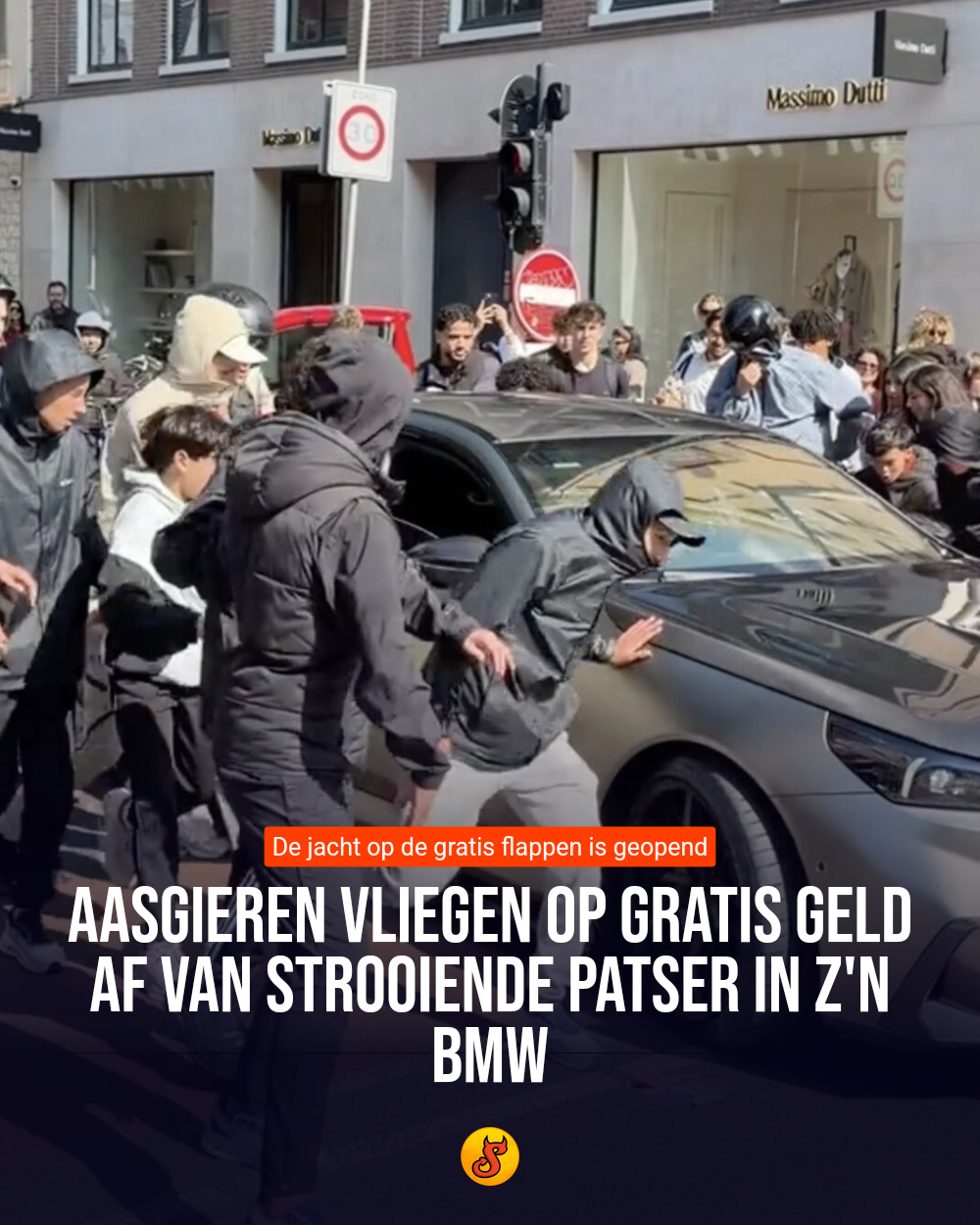 Aasgieren vliegen op gratis geld af van strooiende patser in z'n BMW
