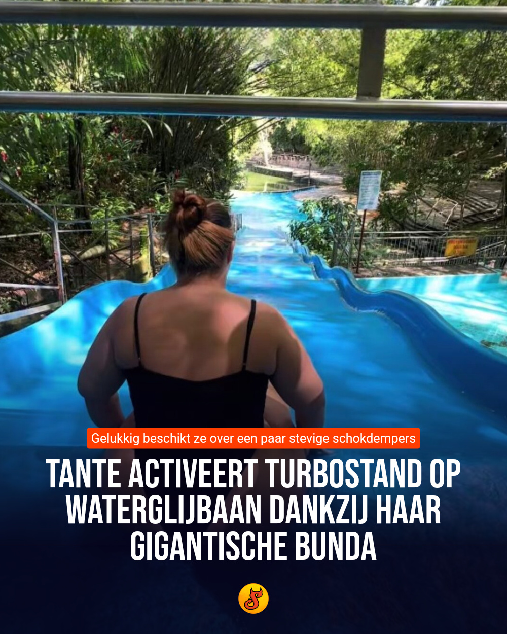 Tante activeert turbostand op waterglijbaan dankzij haar gigantische bunda
