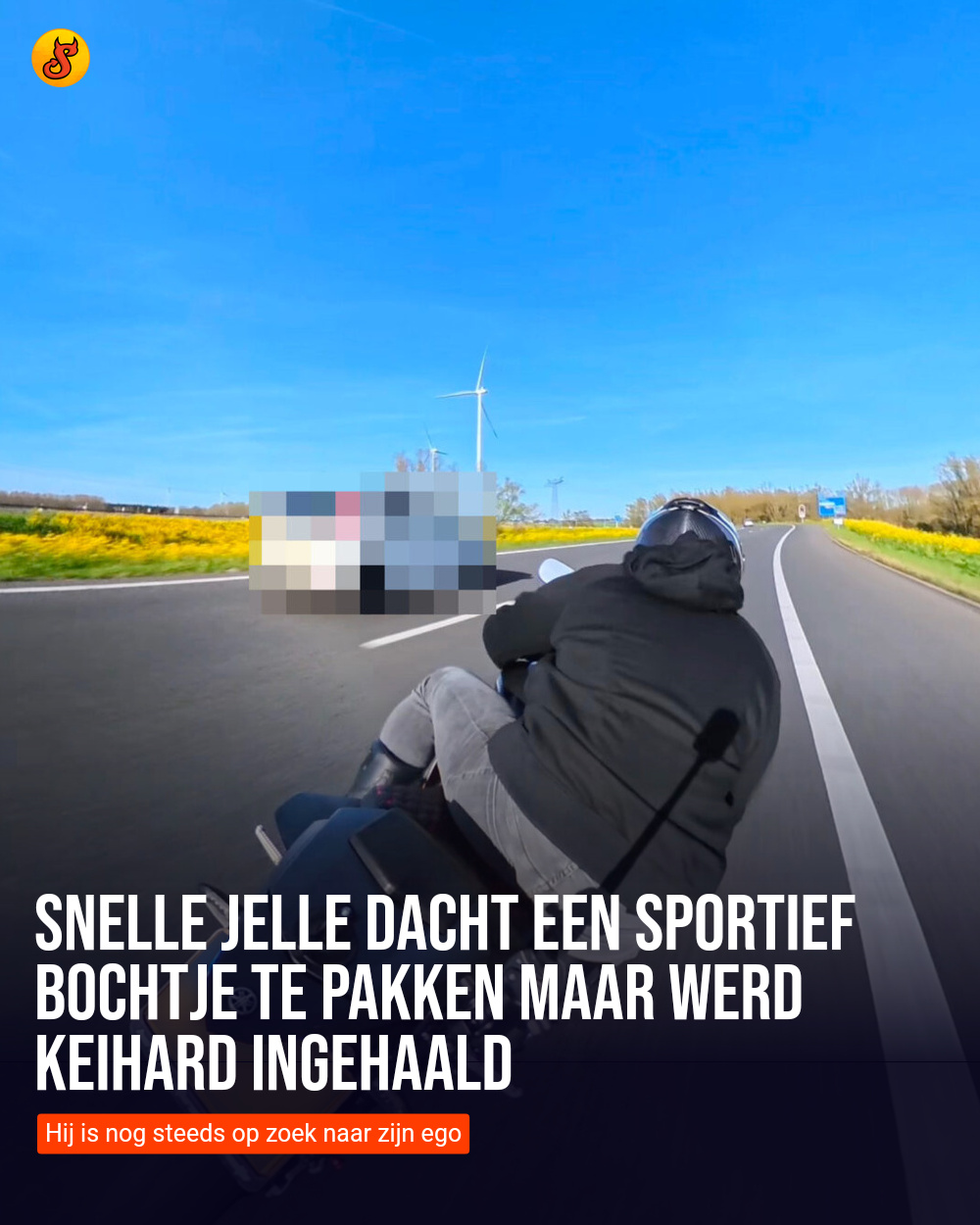 Snelle Jelle dacht een sportief bochtje te pakken maar werd keihard ingehaald