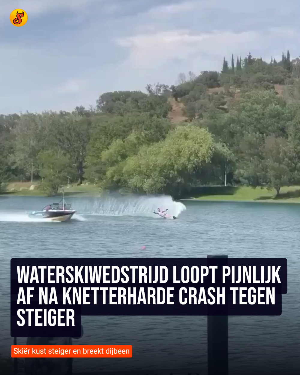 Waterskiwedstrijd loopt pijnlijk af na knetterharde crash tegen steiger