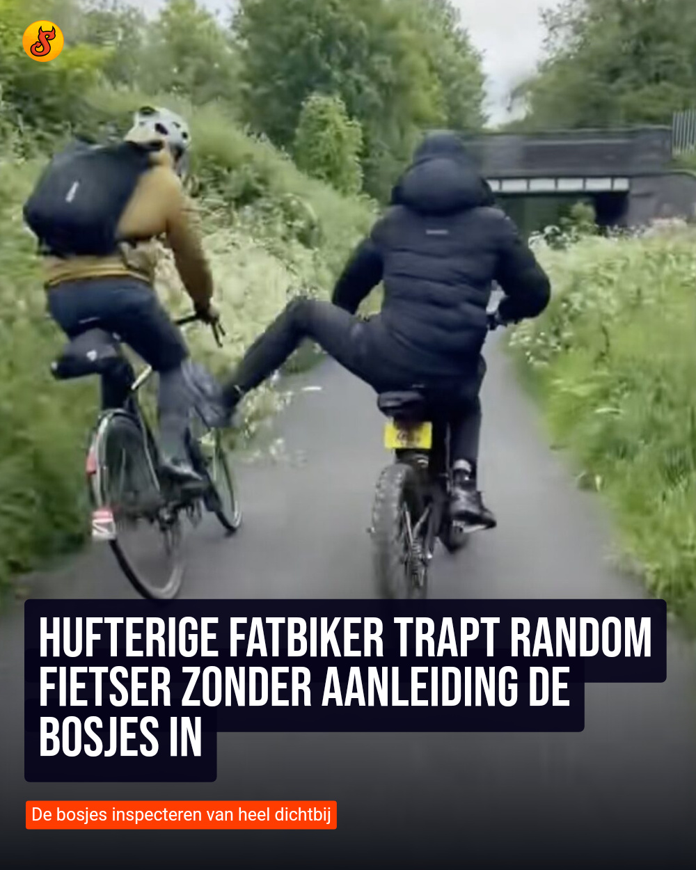 Hufterige fatbiker trapt random fietser zonder aanleiding de bosjes in