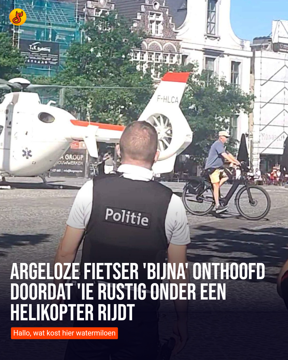 Argeloze fietser 'bijna' onthoofd doordat 'ie rustig onder een helikopter rijdt