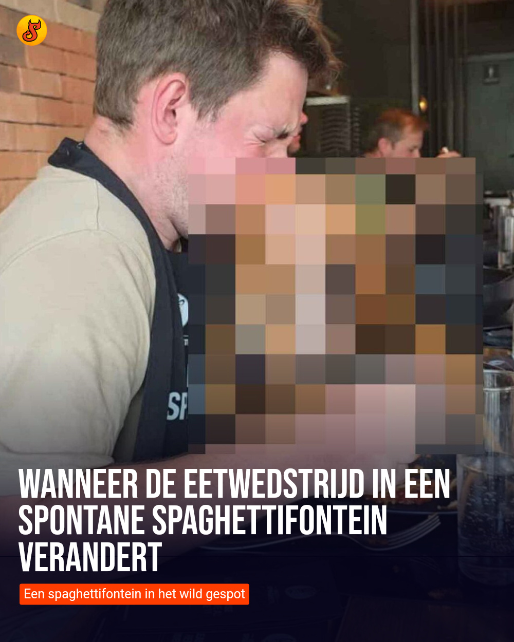 Wanneer de eetwedstrijd in een spontane spaghettifontein verandert