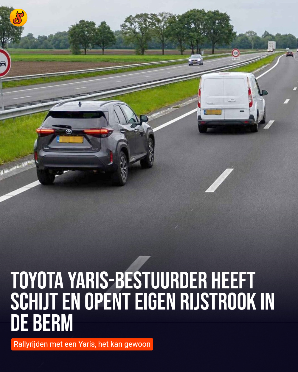 Toyota Yaris-bestuurder heeft schijt en opent eigen rijstrook in de berm