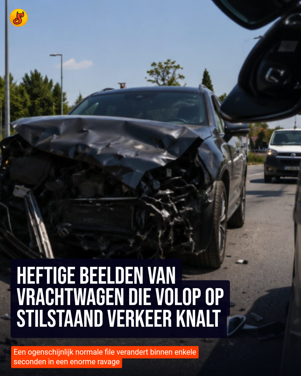 Heftige beelden van vrachtwagen die volop op stilstaand verkeer knalt