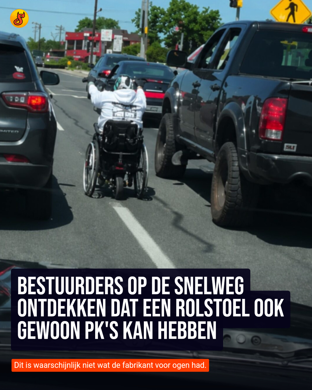 Bestuurders op de snelweg ontdekken dat een rolstoel ook gewoon pk's kan hebben