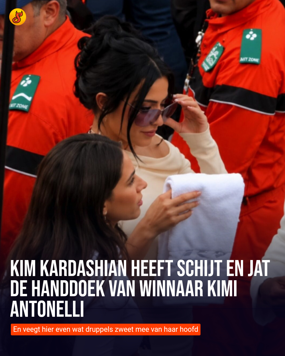 Kim Kardashian heeft schijt en jat de handdoek van winnaar Kimi Antonelli
