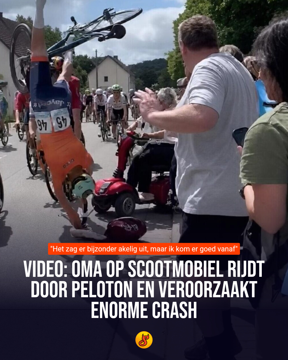 VIDEO: Oma op scootmobiel rijdt door peloton en veroorzaakt enorme crash
