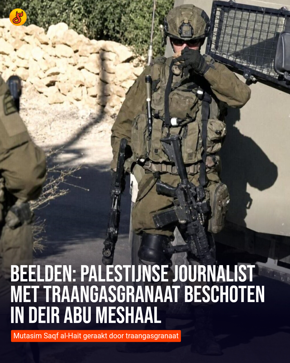 Beelden: Palestijnse journalist met traangasgranaat beschoten in Deir Abu Meshaal