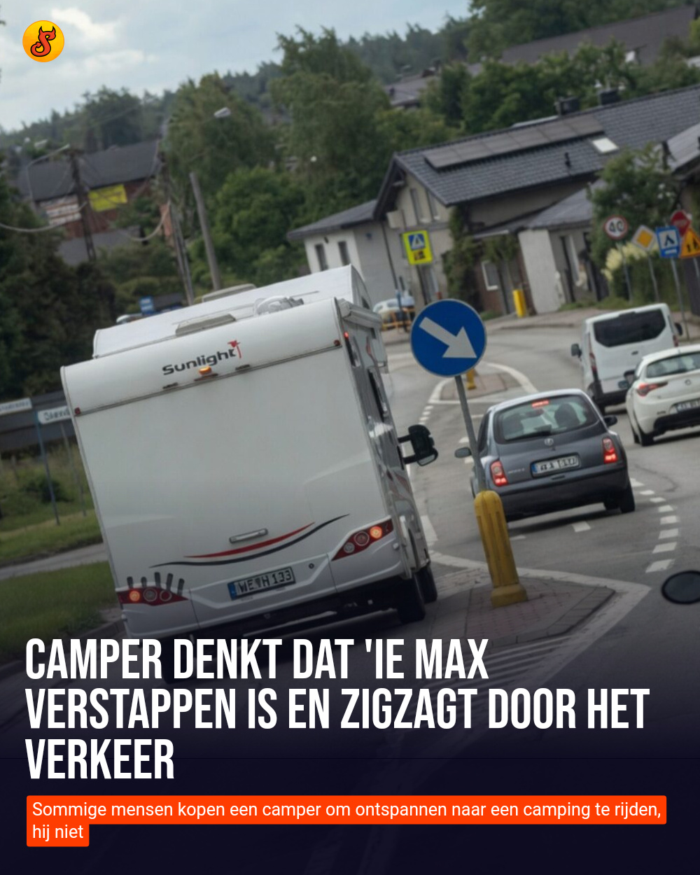 Camper denkt dat 'ie Max Verstappen is en zigzagt door het verkeer