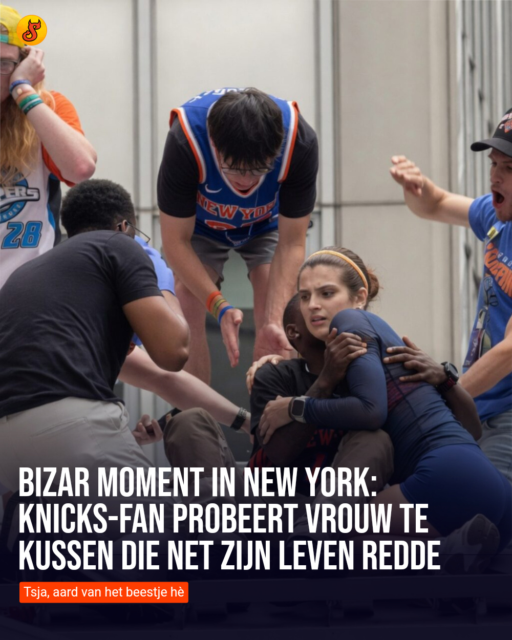 Bizar moment in New York: Knicks-fan probeert vrouw te kussen die net zijn leven redde