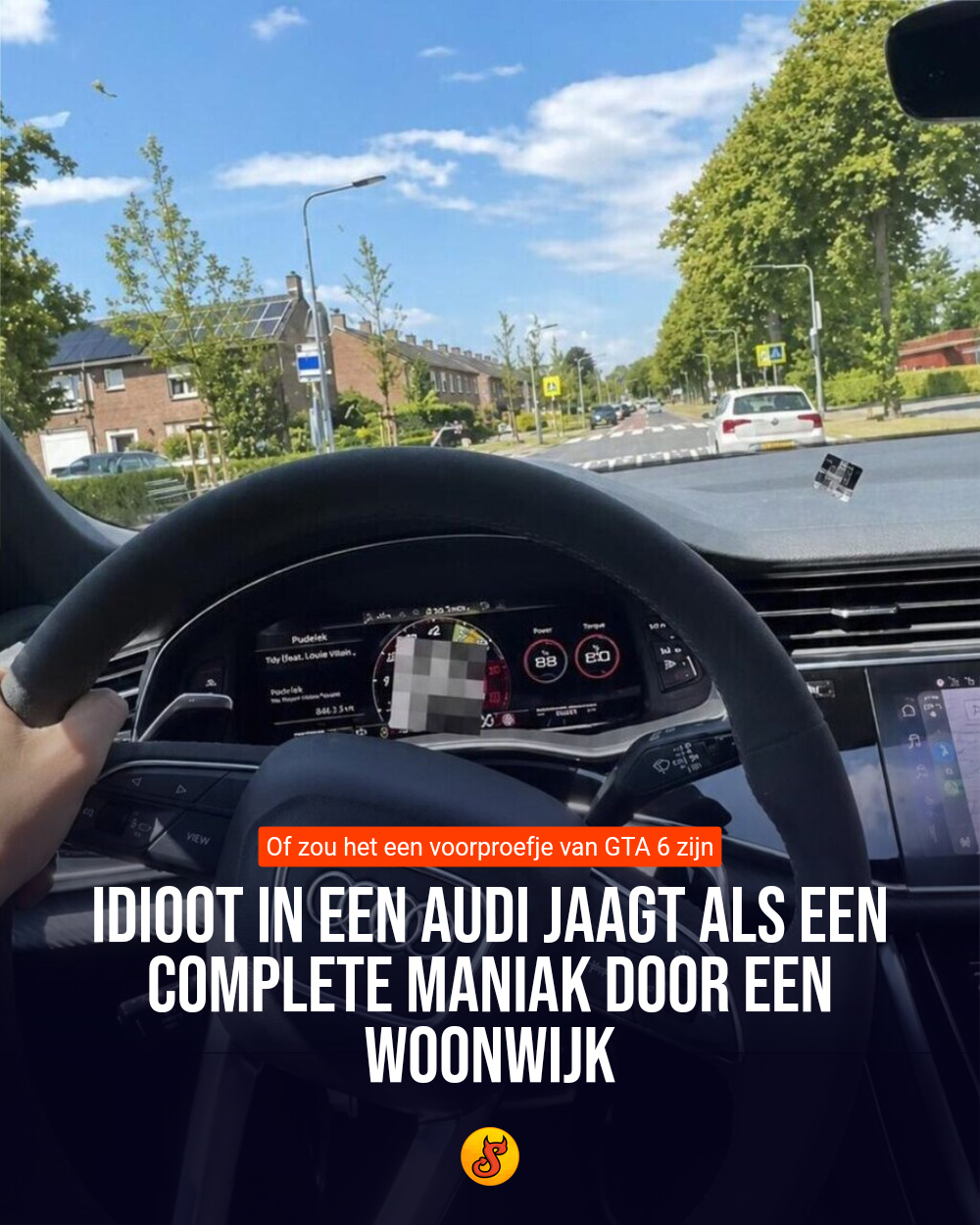 Idioot in een Audi jaagt als een complete maniak door een woonwijk