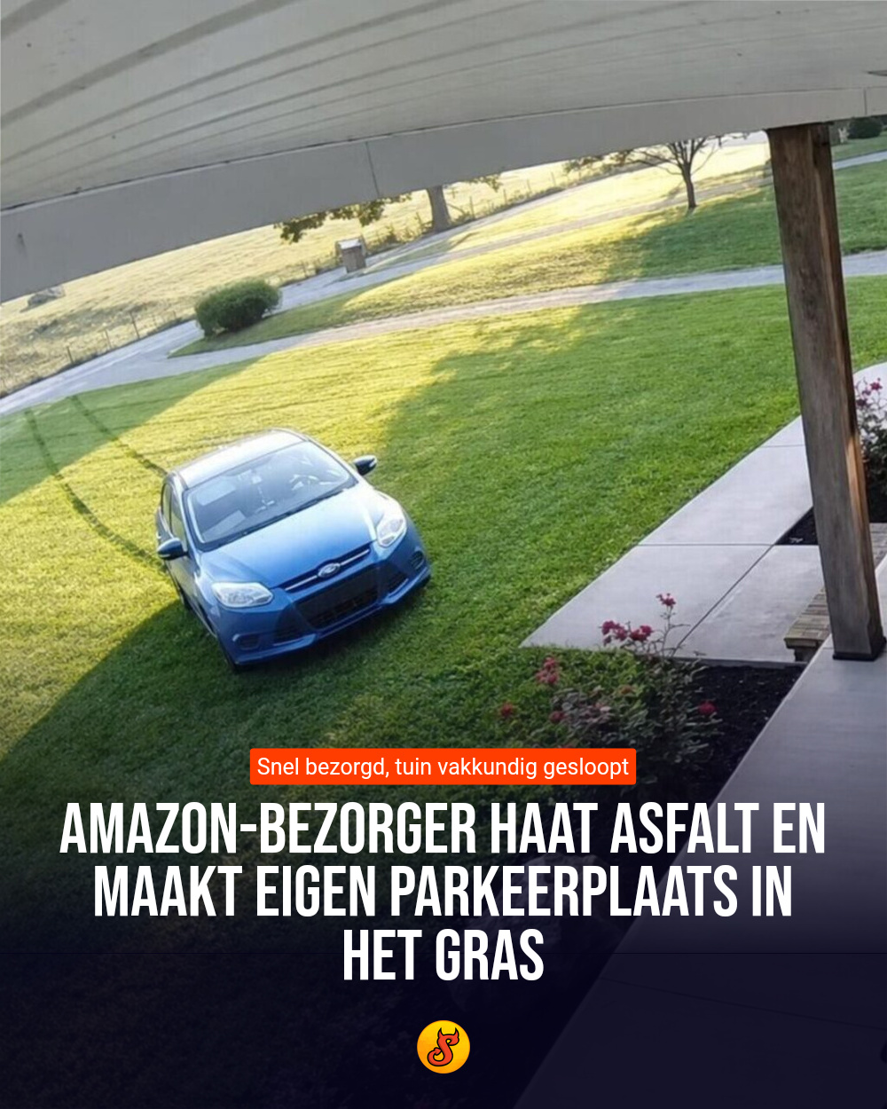 Amazon-bezorger haat asfalt en maakt eigen parkeerplaats in het gras