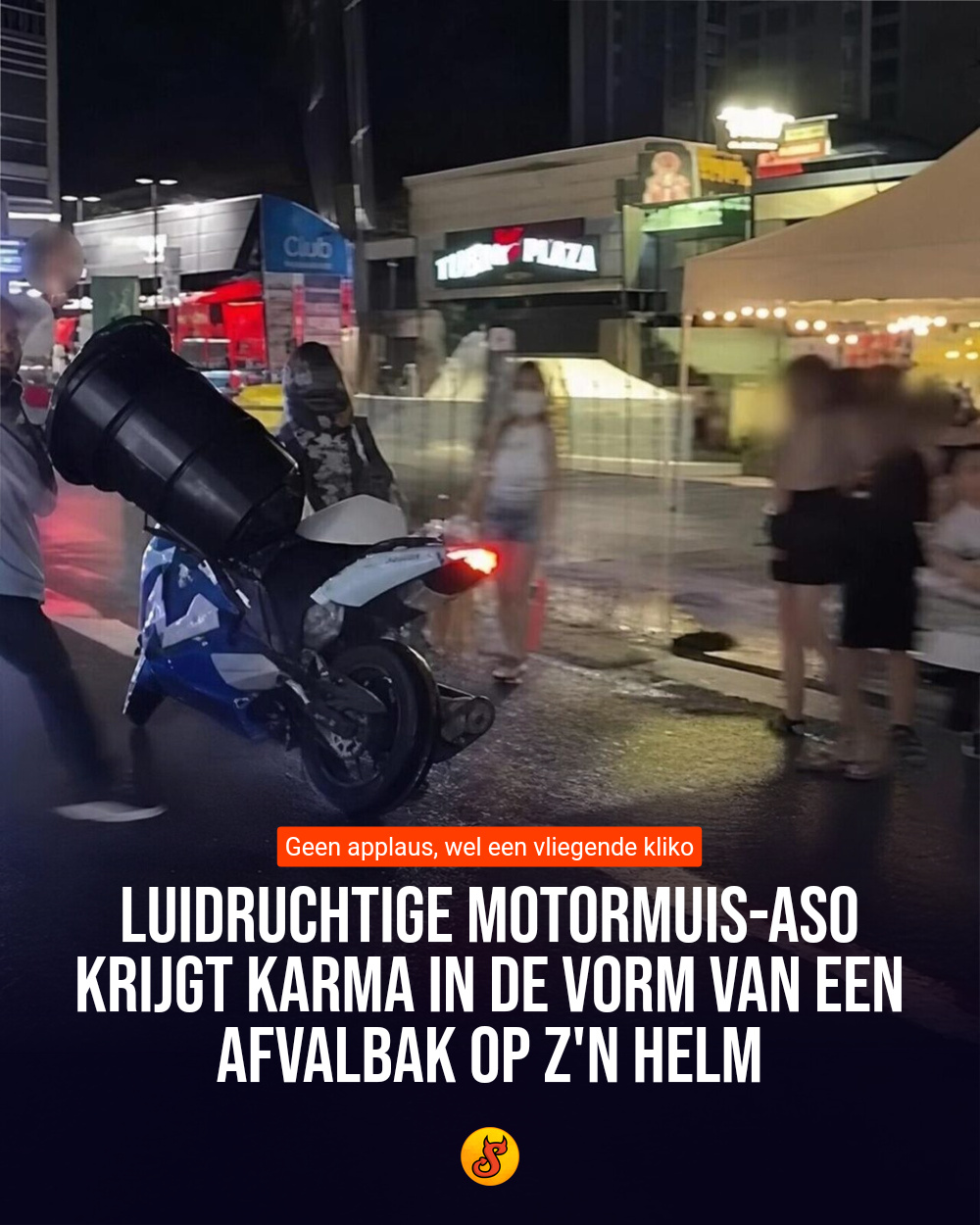 Luidruchtige motormuis-aso krijgt karma in de vorm van een afvalbak op z'n helm