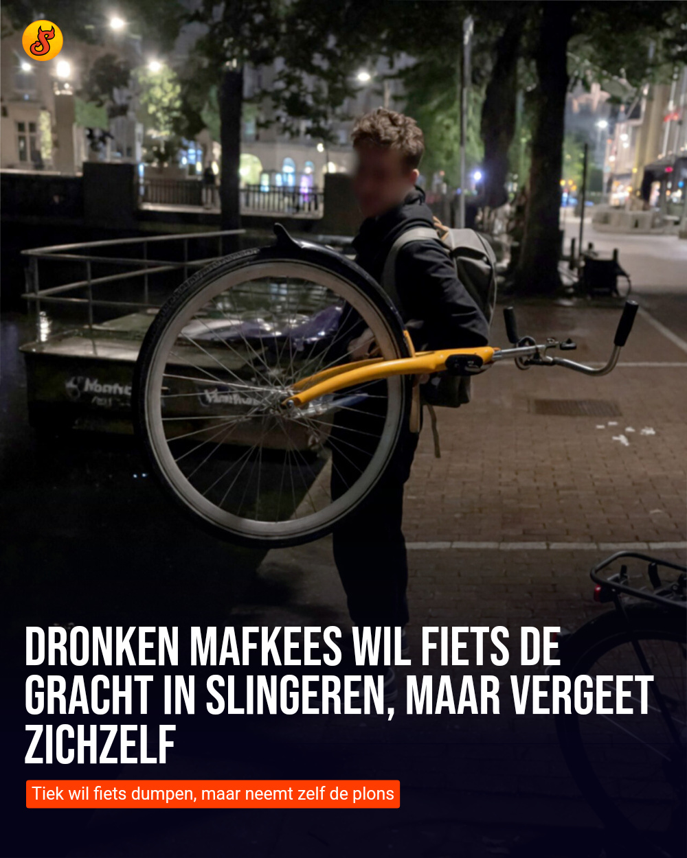 Dronken mafkees wil fiets de gracht in slingeren, maar vergeet zichzelf