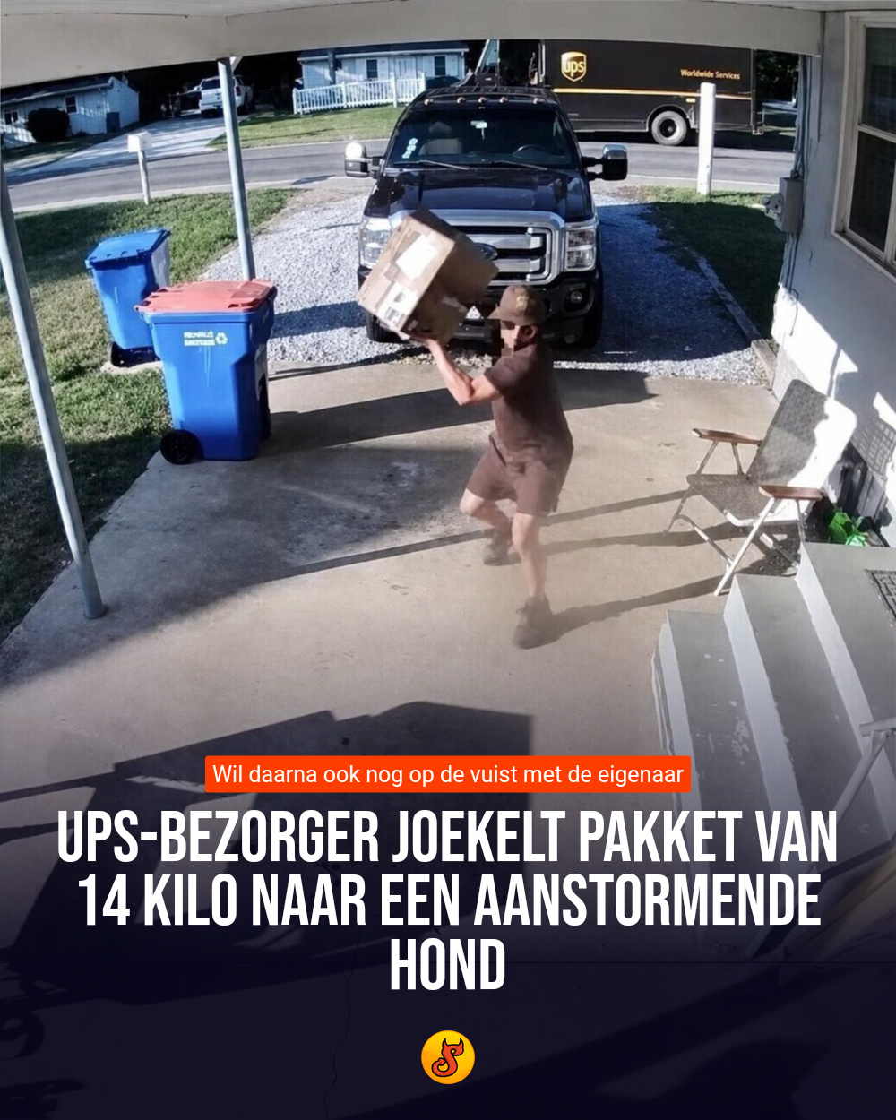UPS-bezorger joekelt pakket van 14 kilo naar een aanstormende hond