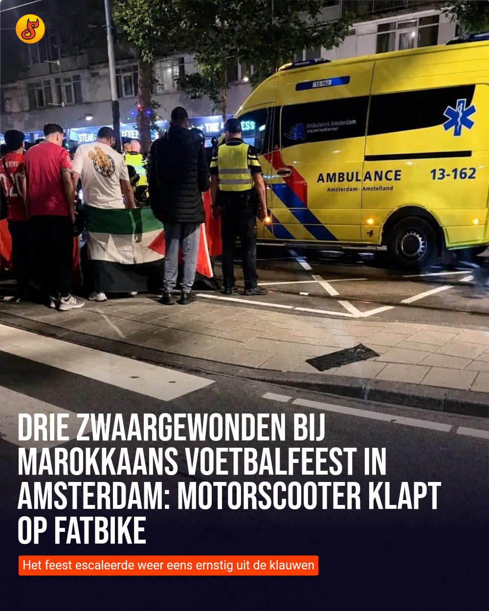 Drie zwaargewonden bij Marokkaans voetbalfeest in Amsterdam: motorscooter klapt op fatbike